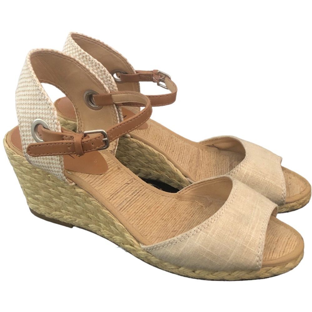 Lucky Brand Women’s Wedge Sandals Size 9 Beige Espadrille Ankle Strap Peep Toe - Picture 2 of 13